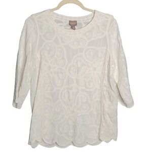 Chico's Blouse 2/L/12 White Embroidered Scalloped Hem Boho Cottagecore Chic